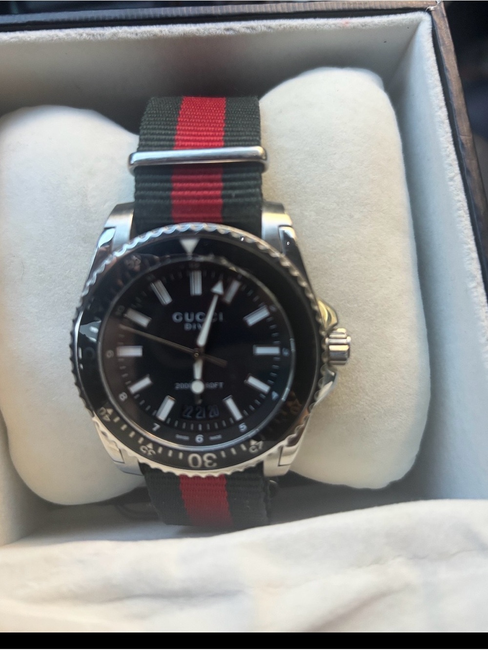 Gucci Black Dial Watch with Green and Red Nylon Strap